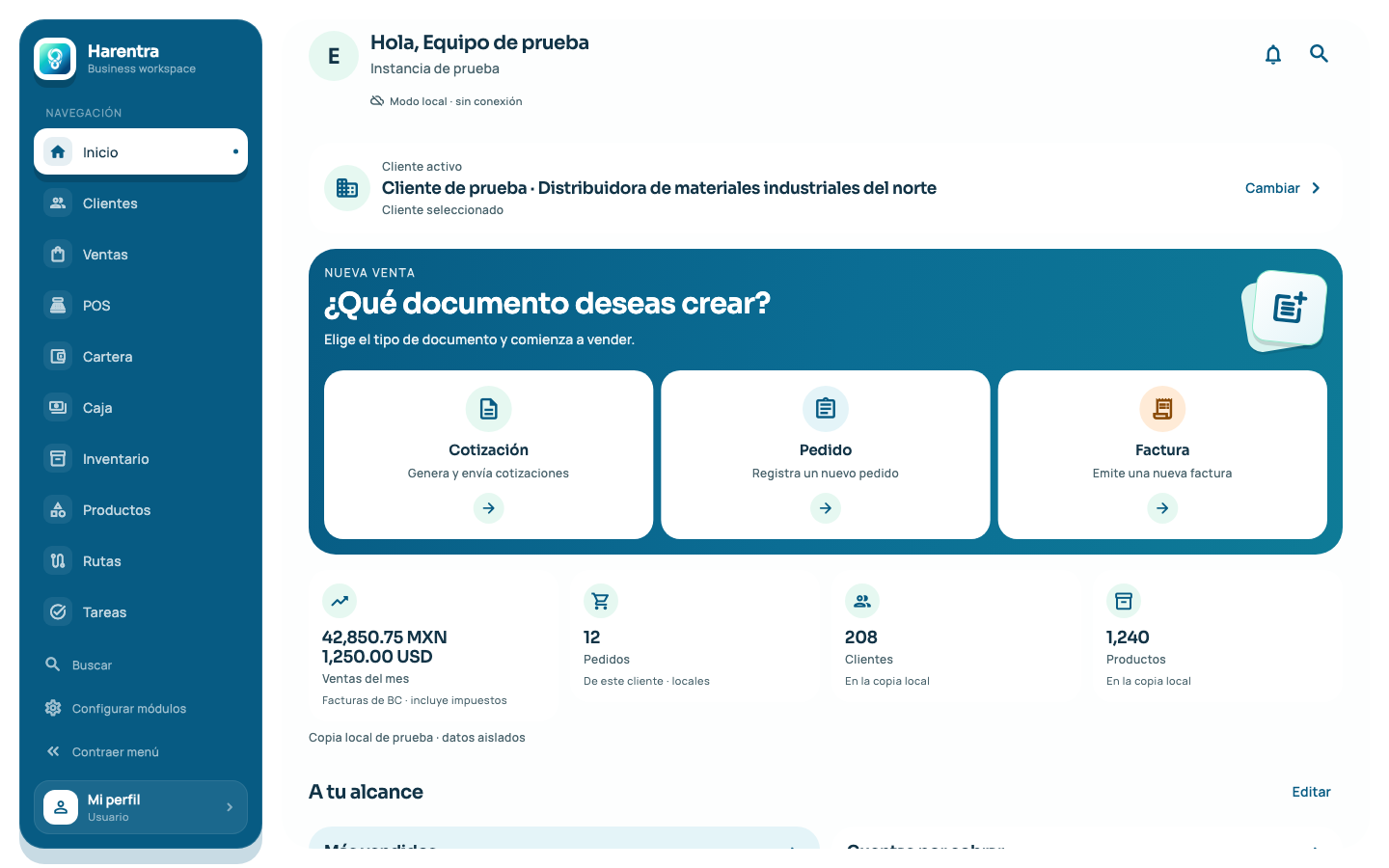 Inicio de Harentra en escritorio, con accesos a clientes, ventas, POS, inventario y tareas.